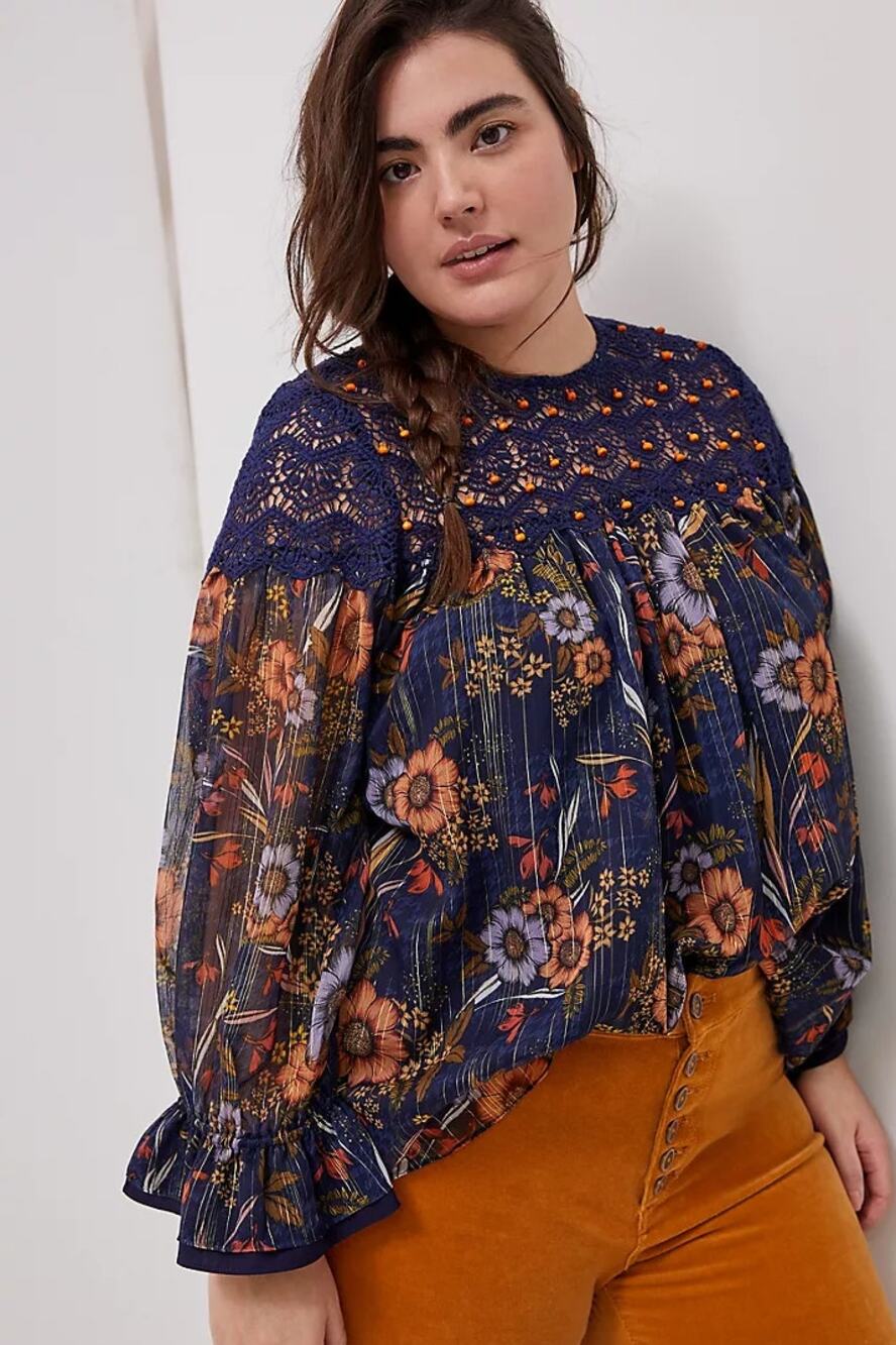 ANTHROPOLOGIE x MYNAH DESIGNS Cristy Crochet Blouse Navy Blue Sz XL $168 {Q20}
